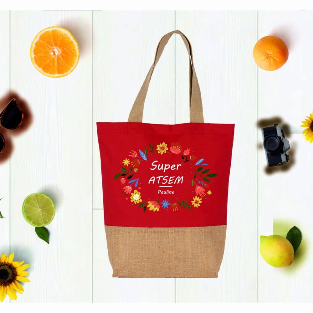 Tote bag Super ATSEM à personnaliser en jute rouge