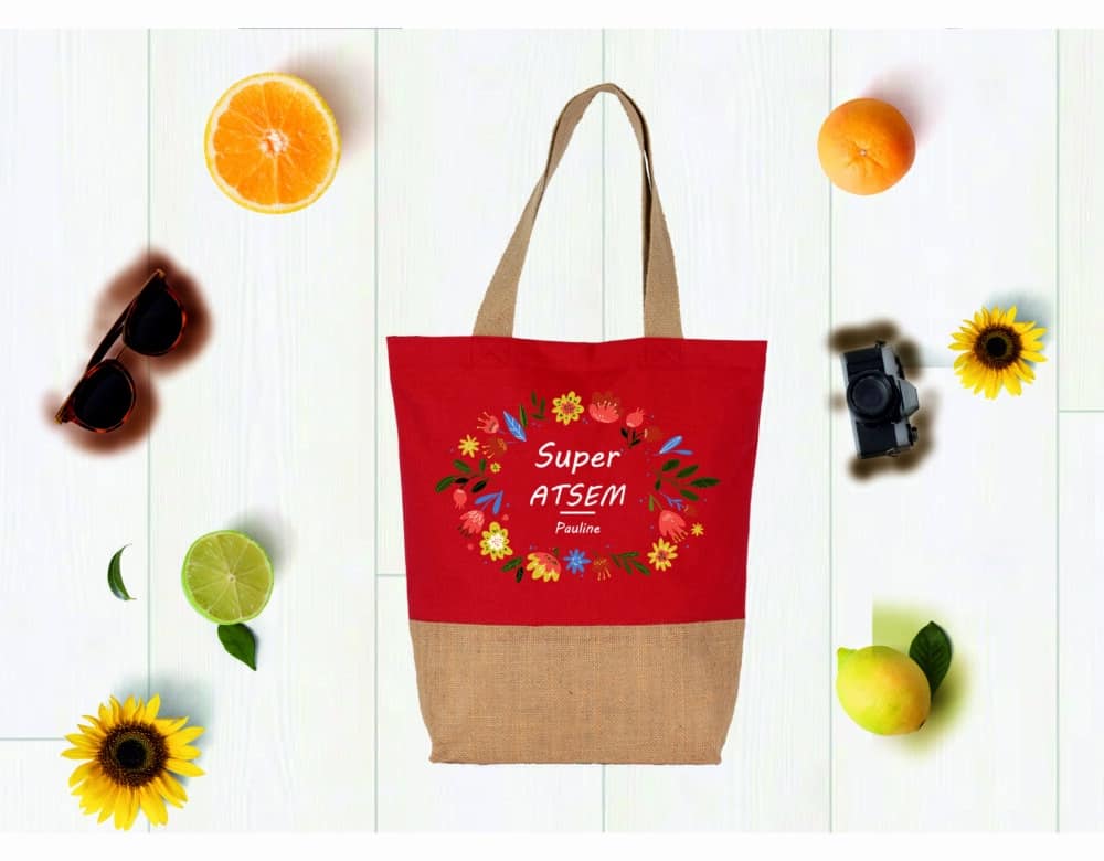 Tote bag Super ATSEM à personnaliser en jute rouge