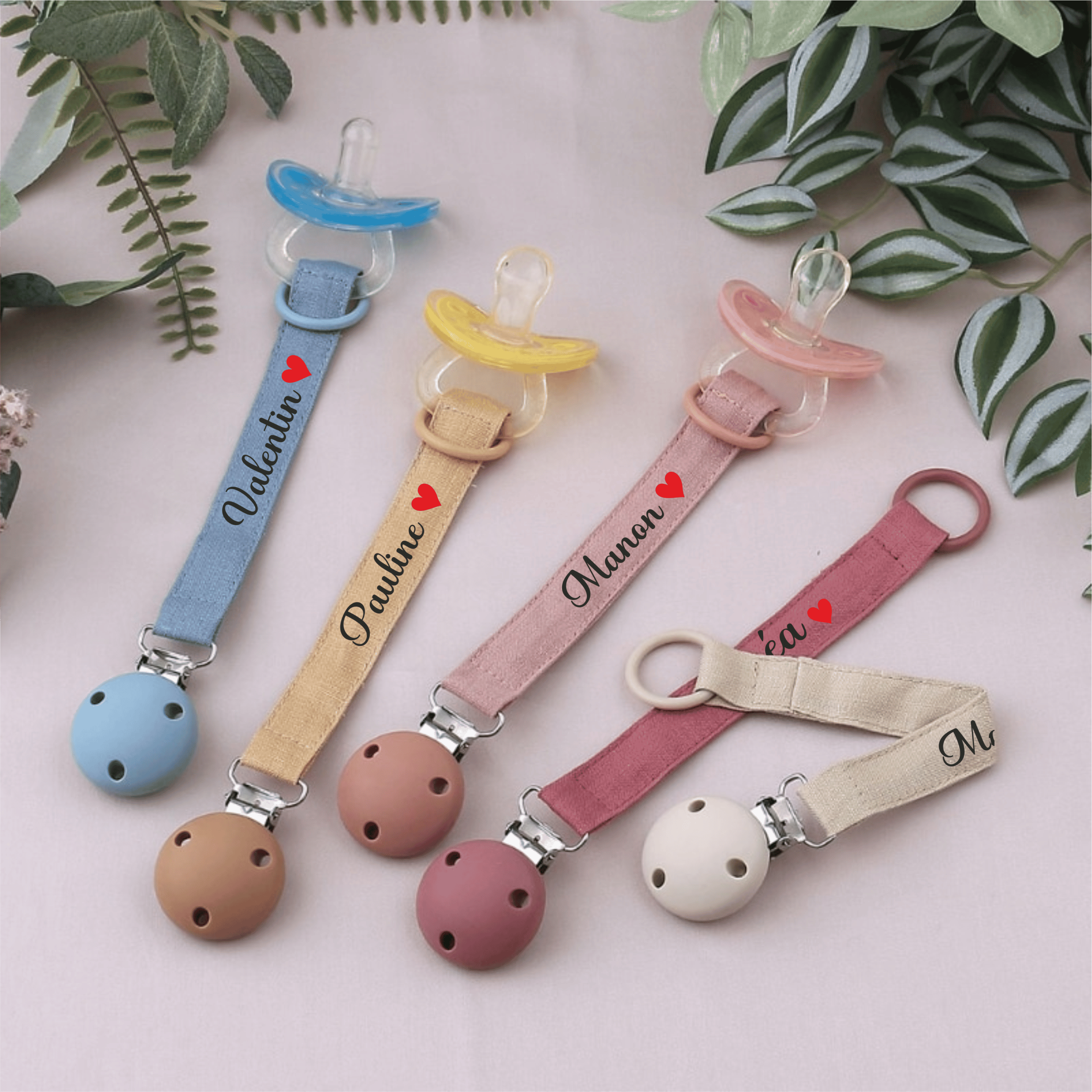 Attache-tétine Personnalisée – Prénom Au Choix – Double Gaze De Coton – Cadeau Naissance Français – Cœur Opaline