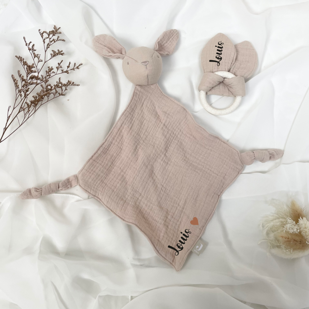 Doudou Lapin En Mousseline Bio – Tulle Double Couche – Cadeau Naissance – Blanc