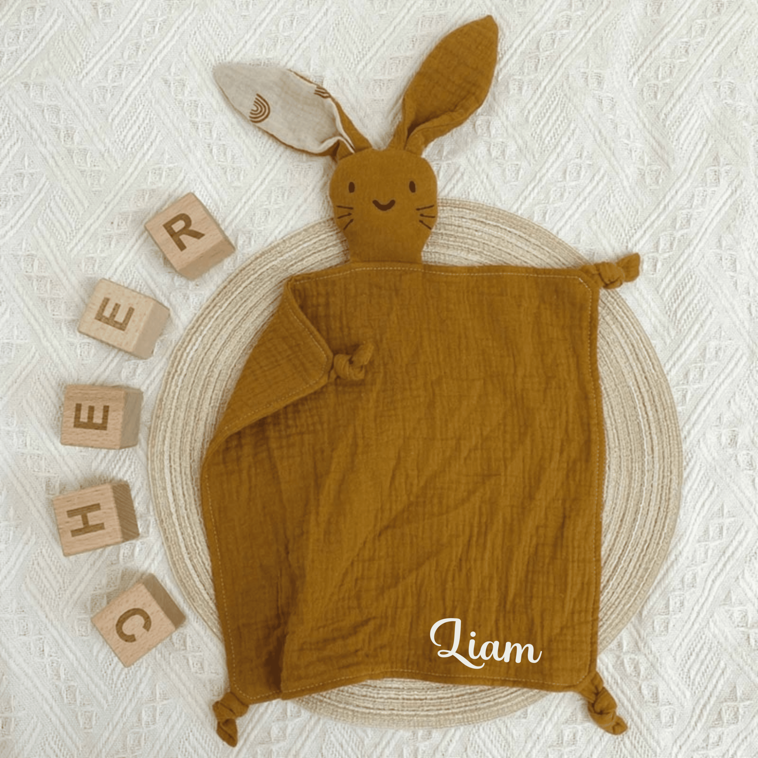 Doudou lange lapin personnalisé en gaze de coton à motif - Cadeau de  naissance en gaze de coton - Doudou personnalisé
