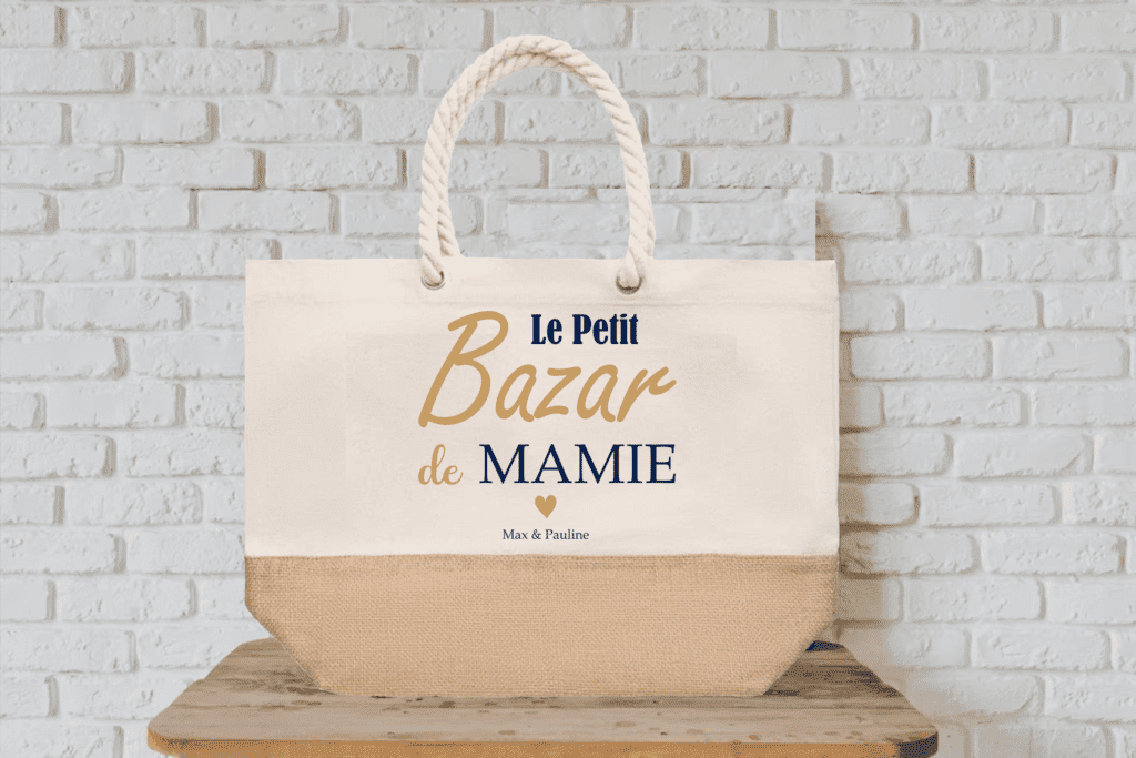 Grand sac cabas à personnaliser "Le petit bazar de" naturel - C-Mamarc.fr