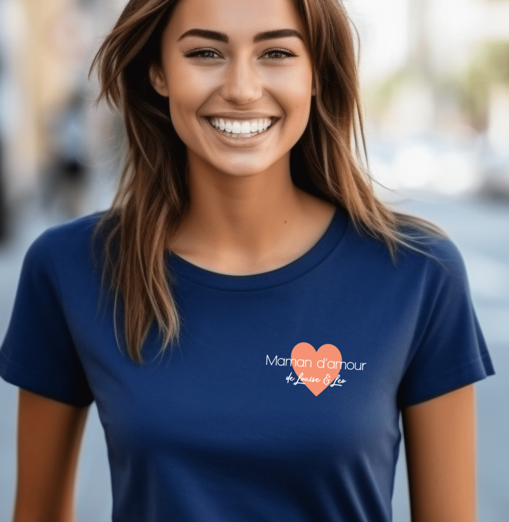 t shirt navy maman d'amour coeur corail