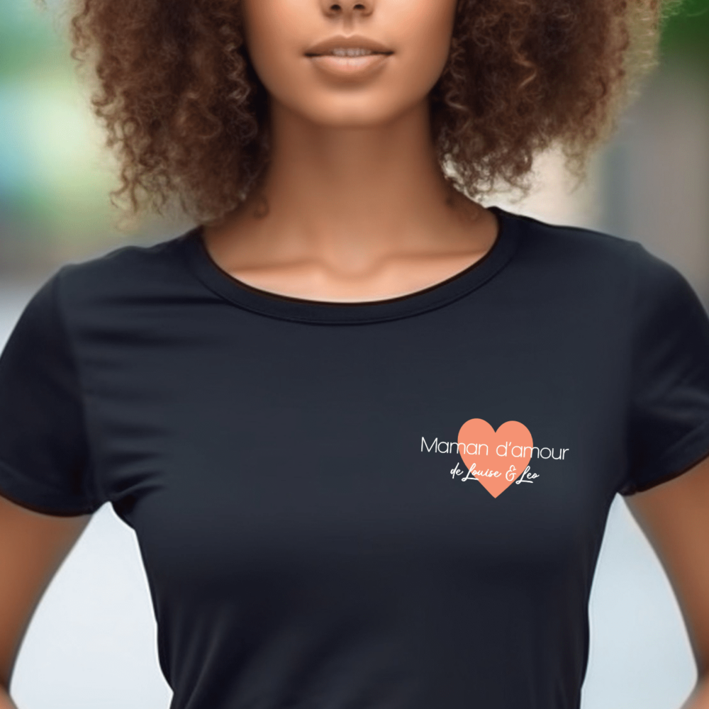 t shirt noir maman d'amour coeur corail