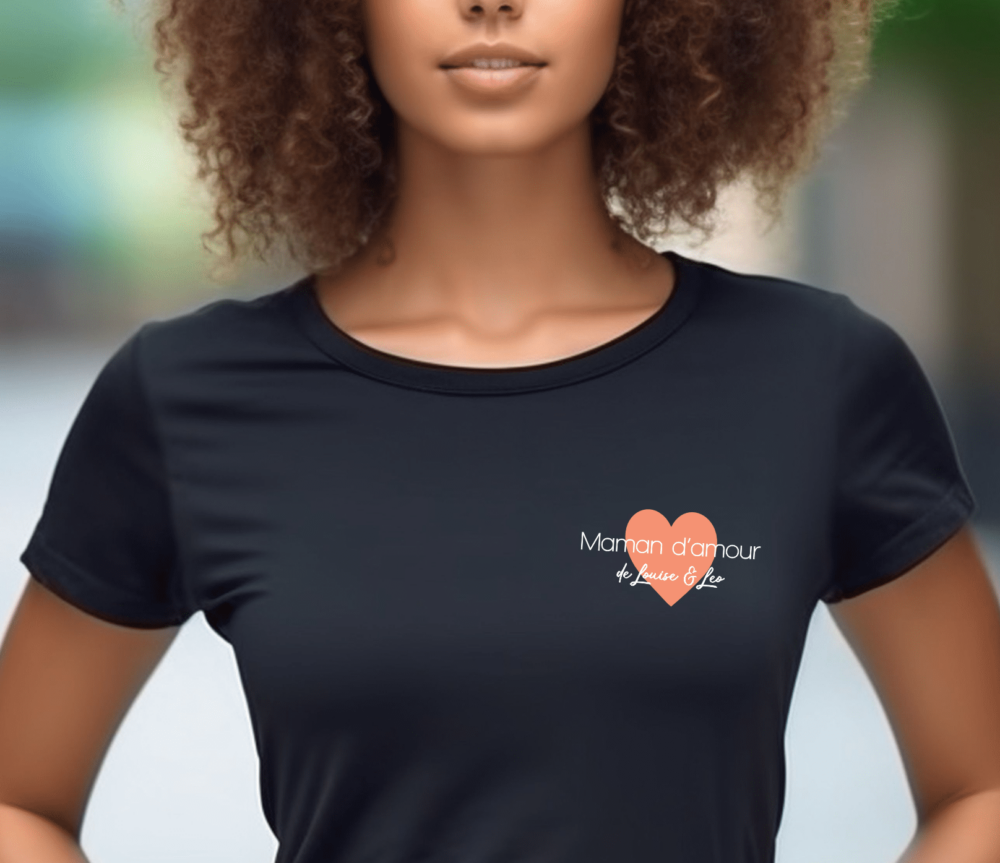 t shirt noir maman d'amour coeur corail