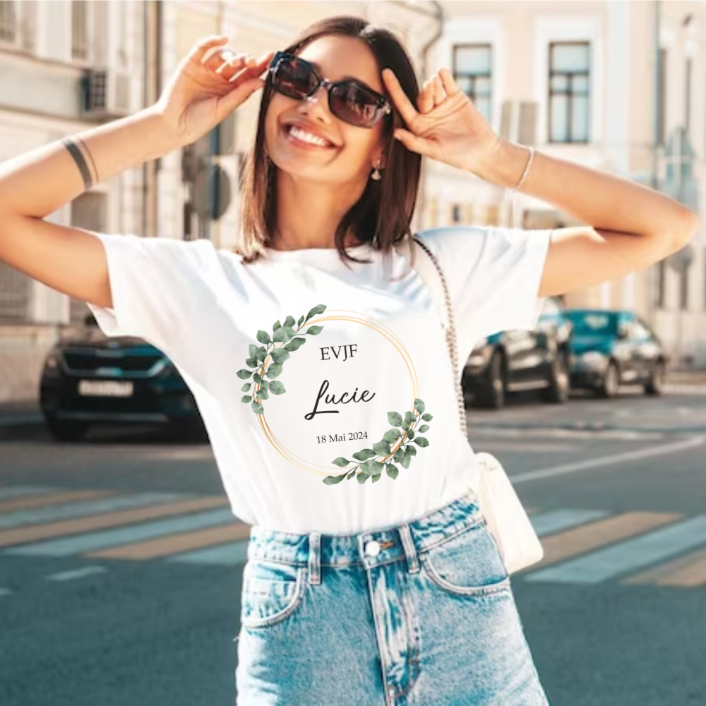 T-shirt personnalisé EVJF cercle fleur blanc femme