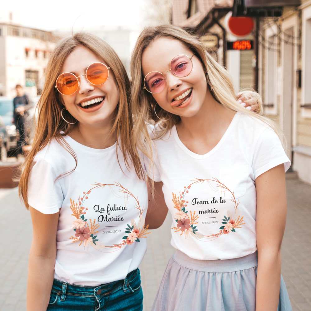 T shirt duo cercle de fleurs EVJF team et la mariée