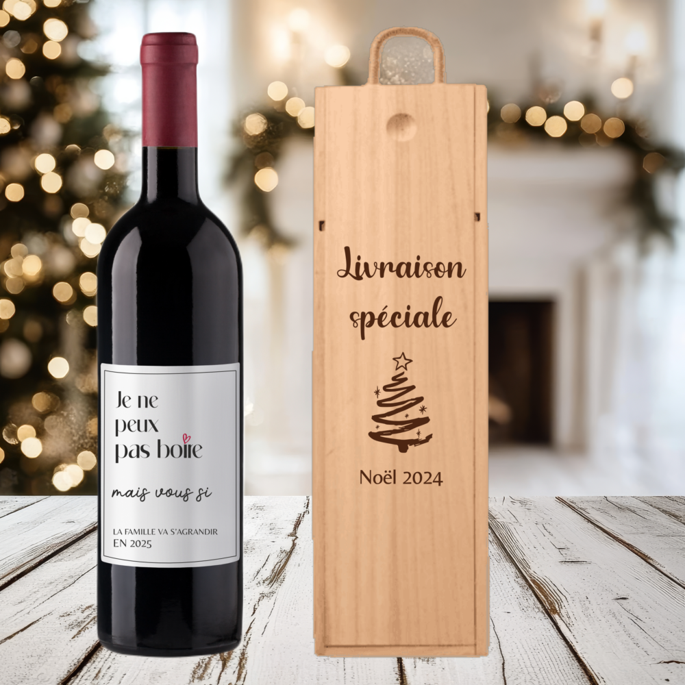 Annonce de Grossesse Noël coffret à vin et étiquette