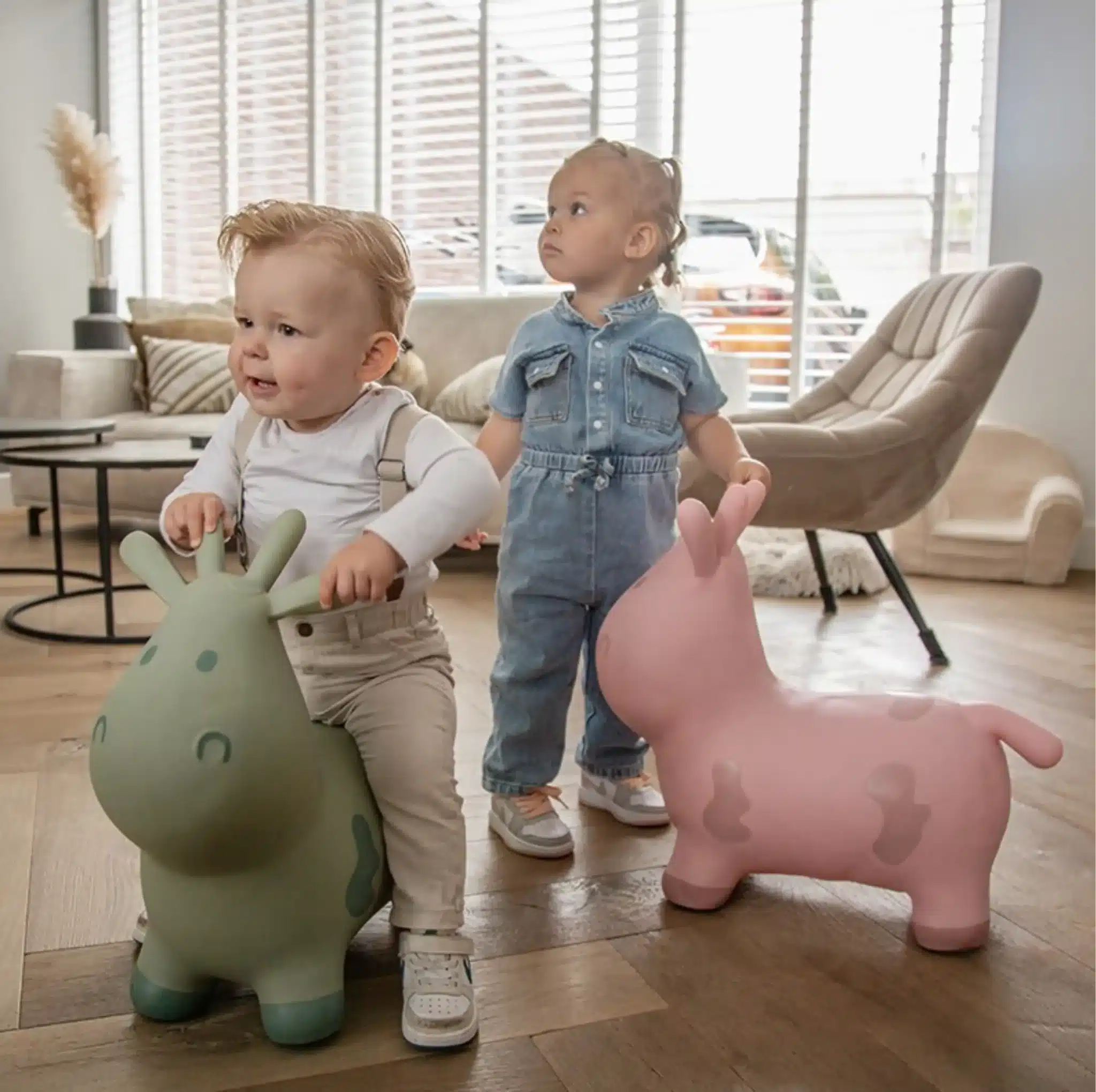 jouet enfant personnalisé ballon sauteur vache rose et vert