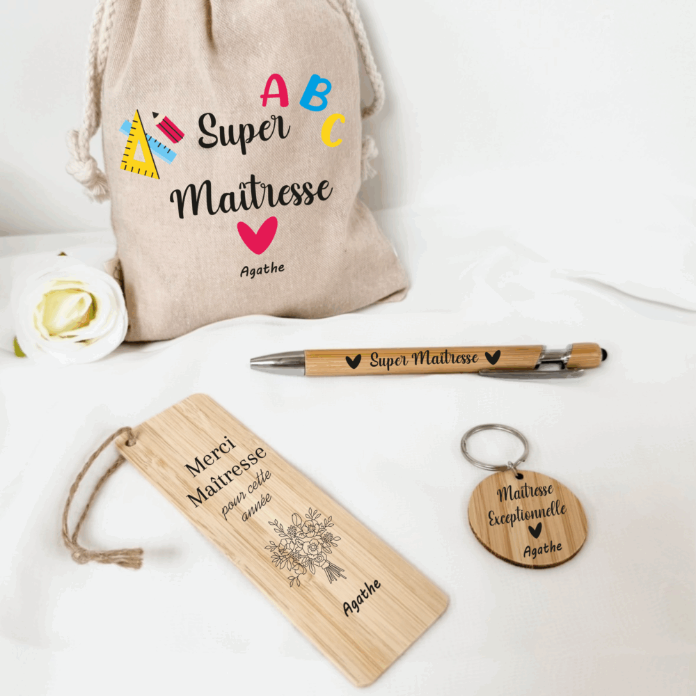 idée cadeau maîtresse, cadeau maître personnalisé, stylo personnalisé, marque page maîtresse, porte clés maître