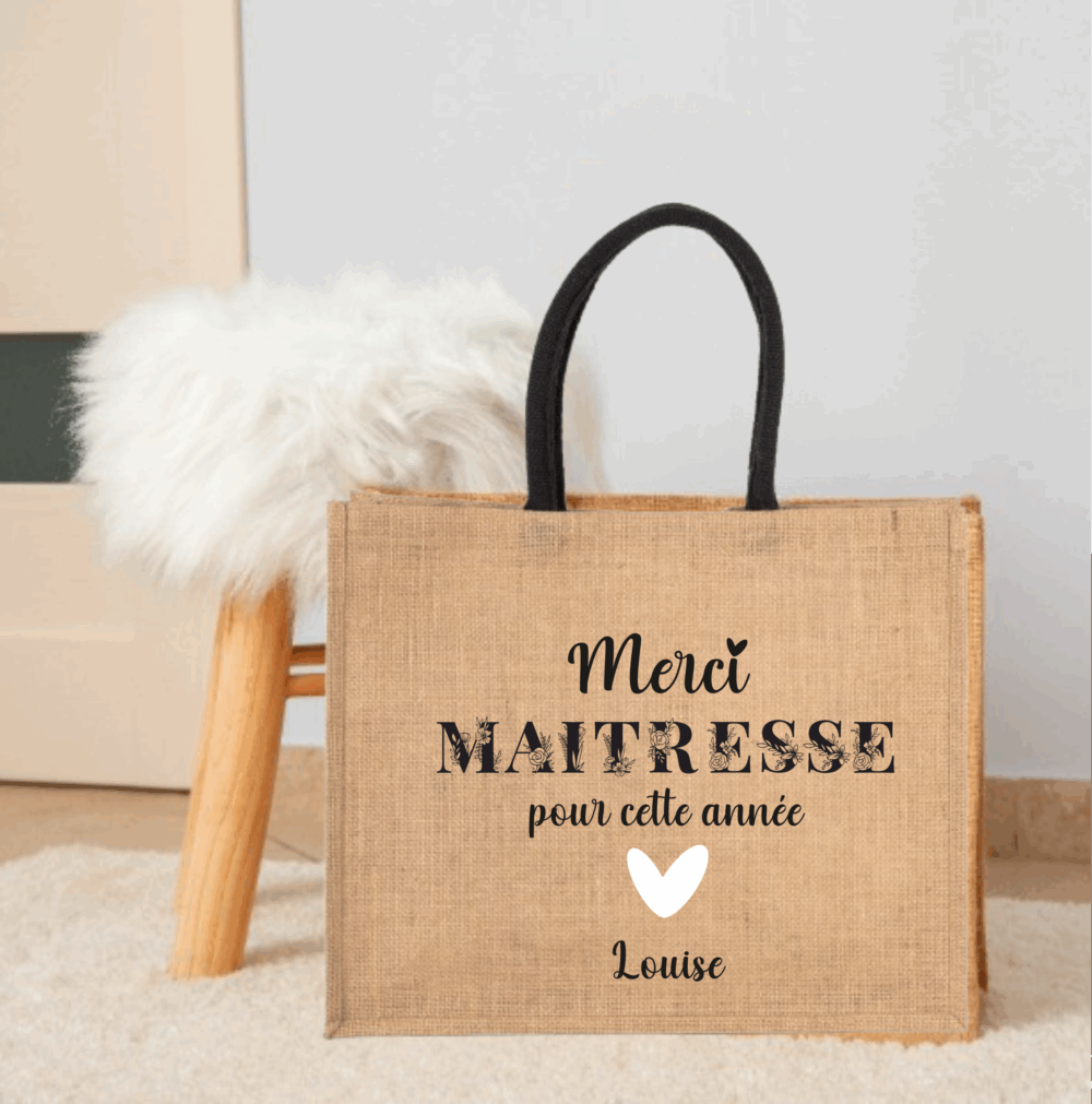 Sac personnalisé maitresse, idée cadeau maitresse, fin d'année scolaire