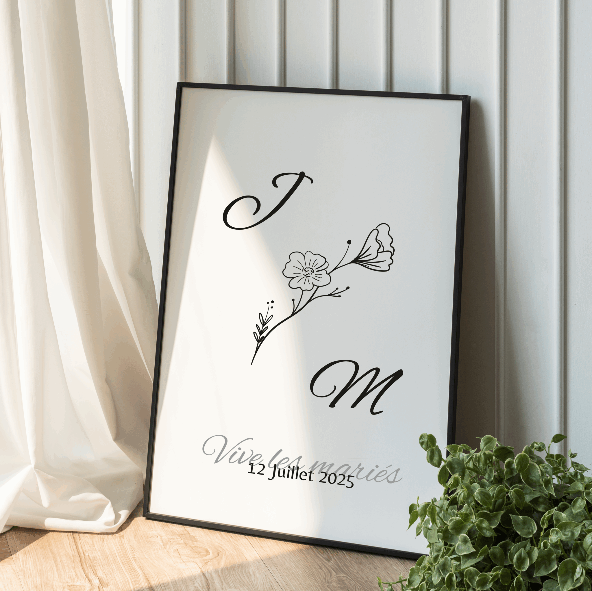 affiche mariage avec initiale et fleurs