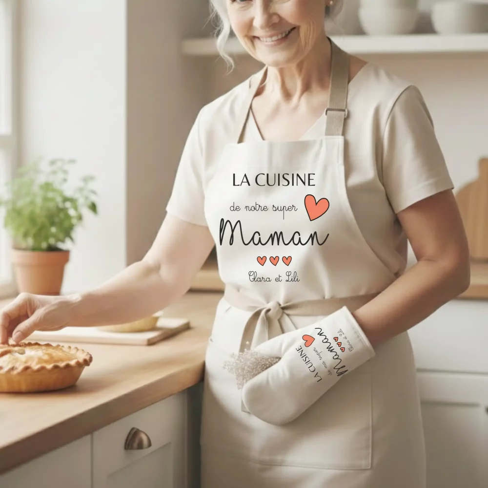 Maman cuisine, tablier et gant personnalisable, prénom enfant