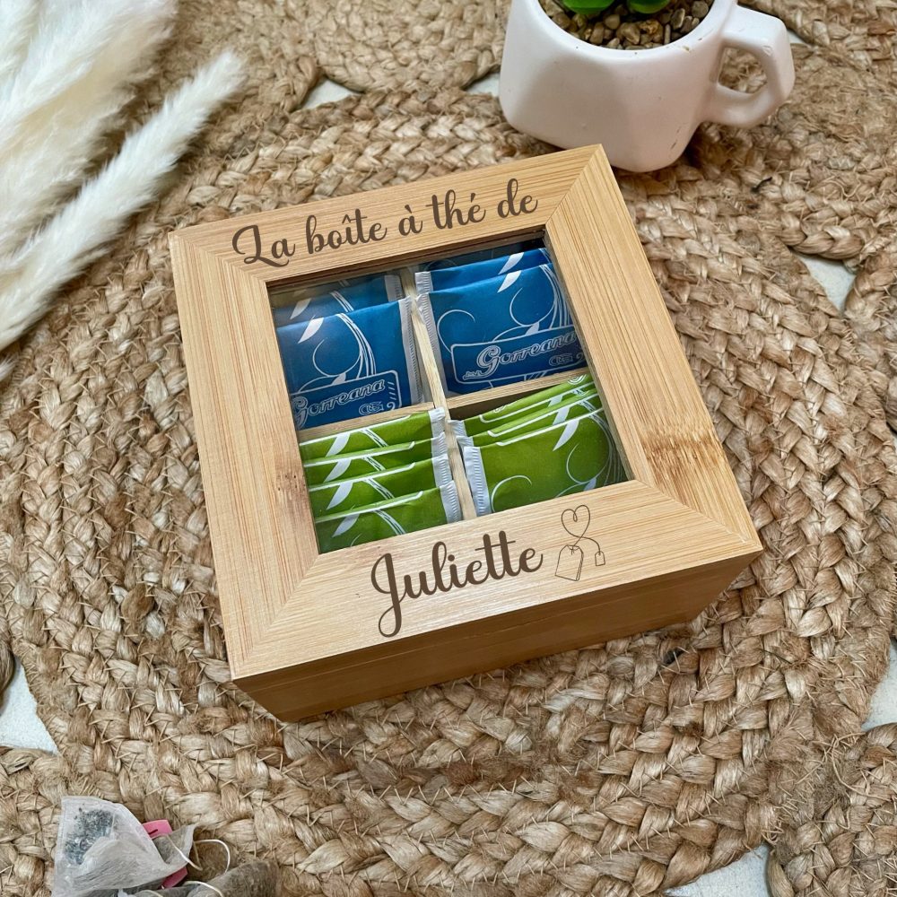 Boite à thé en bois gravée avec prénom