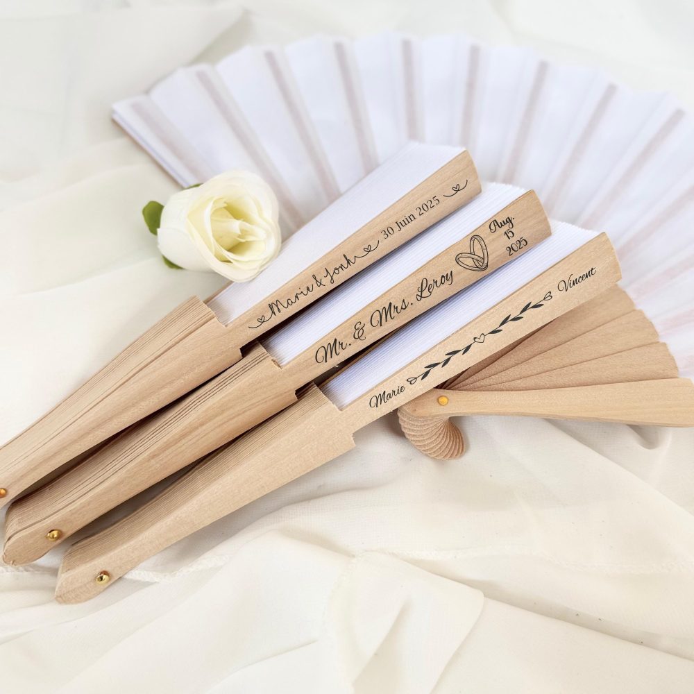 Éventail mariage personnalisé gravé prénoms et date