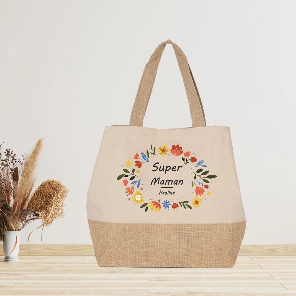 Grand sac cabas en jute à personnaliser Maman
