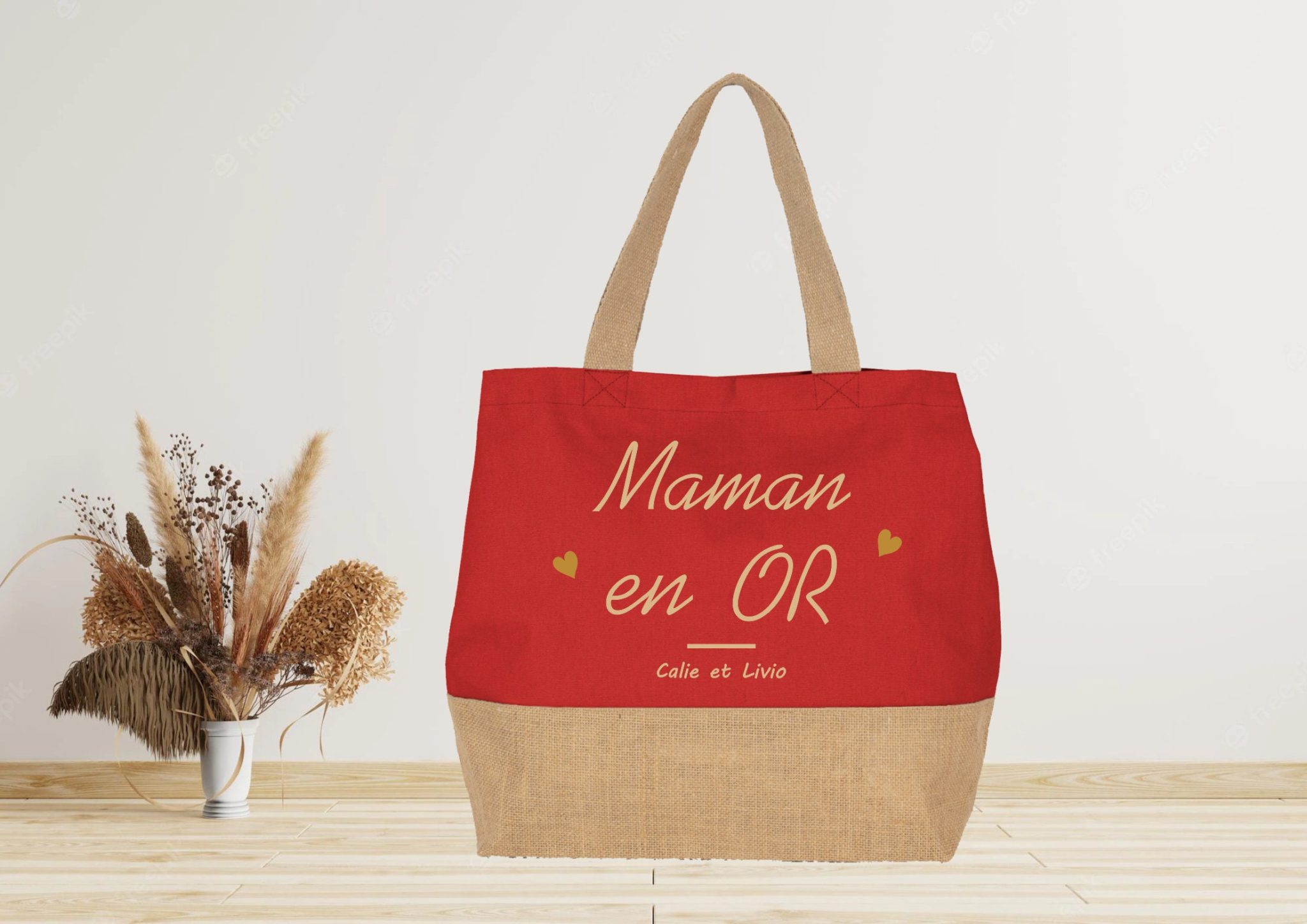 Grand sac cabas en jute à personnaliser - Mamie 2 — idée cadeau maitresse atsem