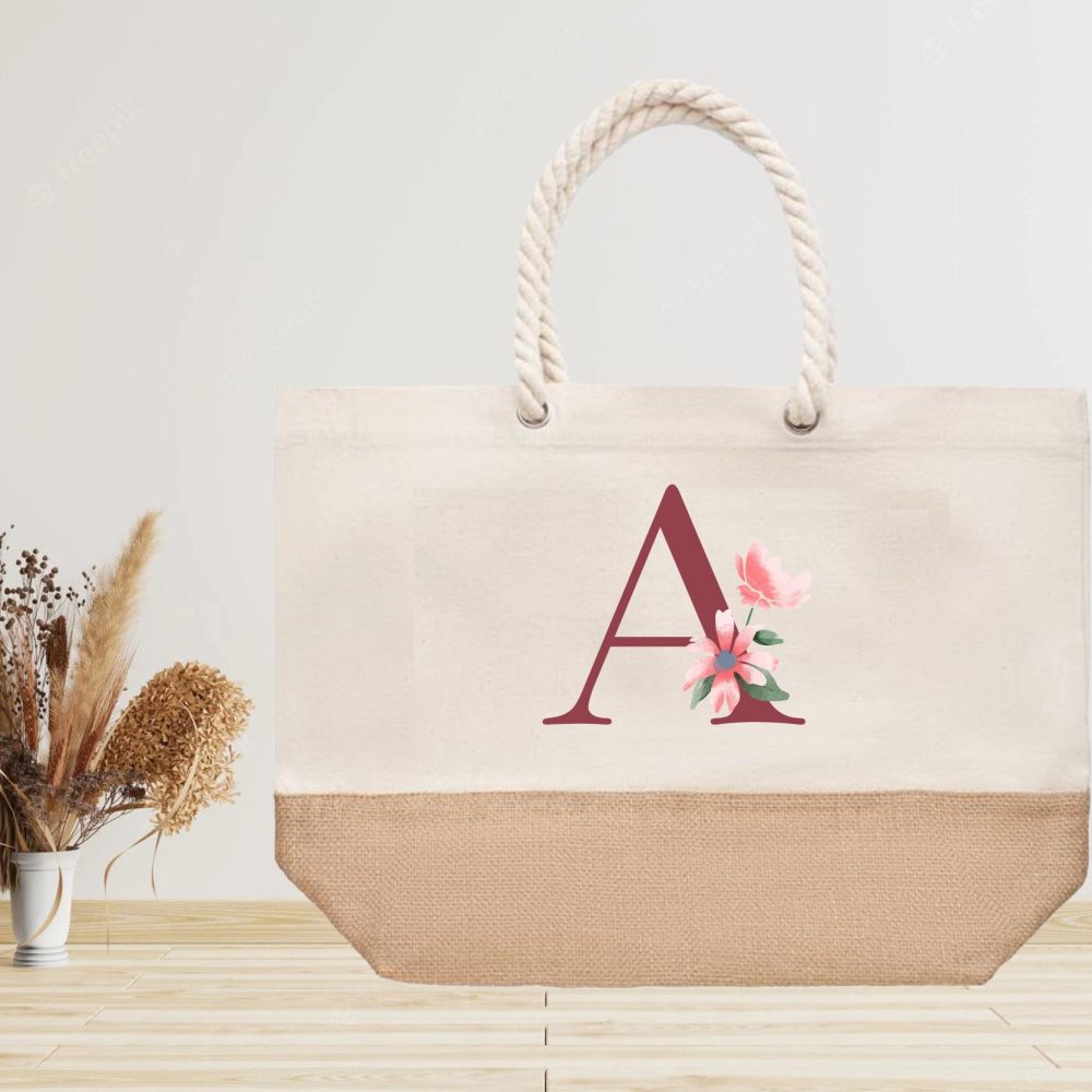 Grand sac Femme Lettre Florale Personnalisé en coton