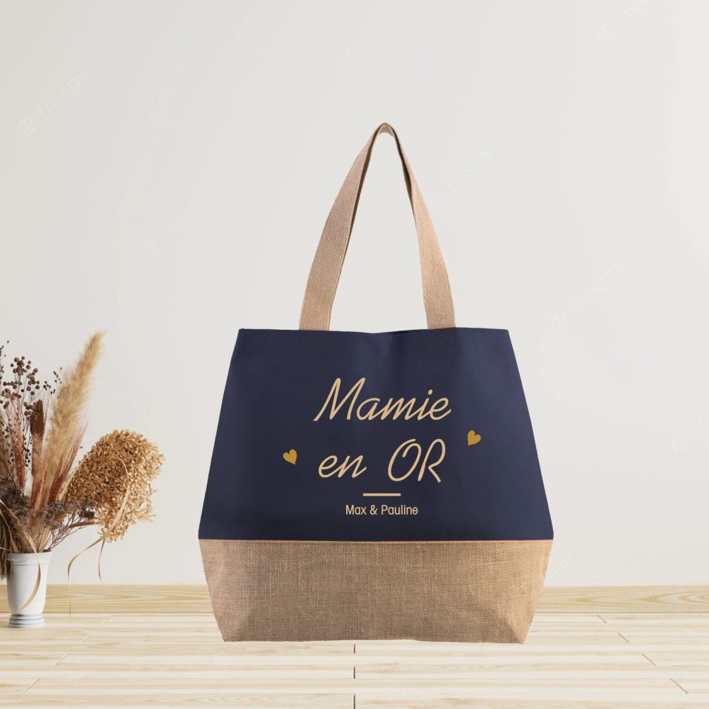 Grand sac cabas en jute à personnaliser Mamie - Anniversaire mamie - fête des grands mères