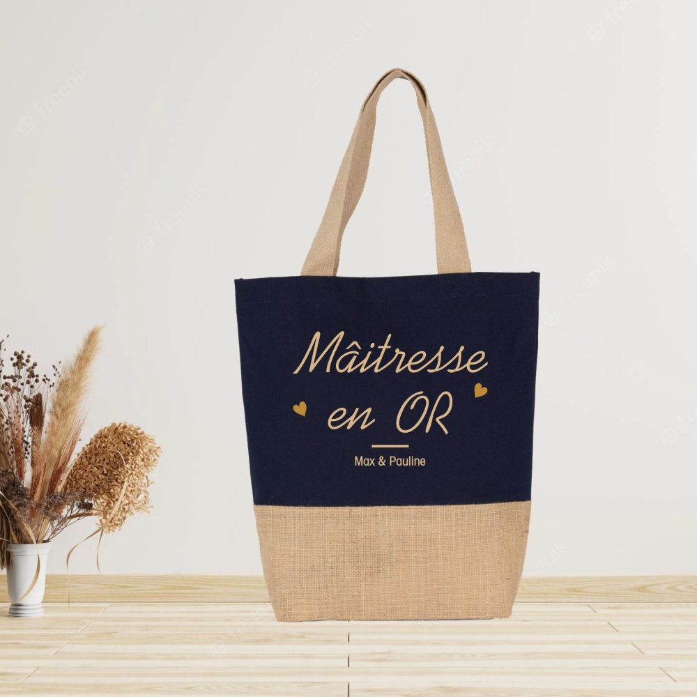 Grand sac cabas en jute à personnaliser maîtresse en or - cadeau maîtresse fin d'année ou Noël
