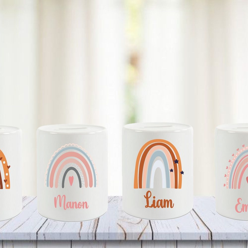 Tirelire personnalisée avec prénom, Motif arc-en-ciel, cadeau à personnaliser enfant anniversaire, Noël, baptême