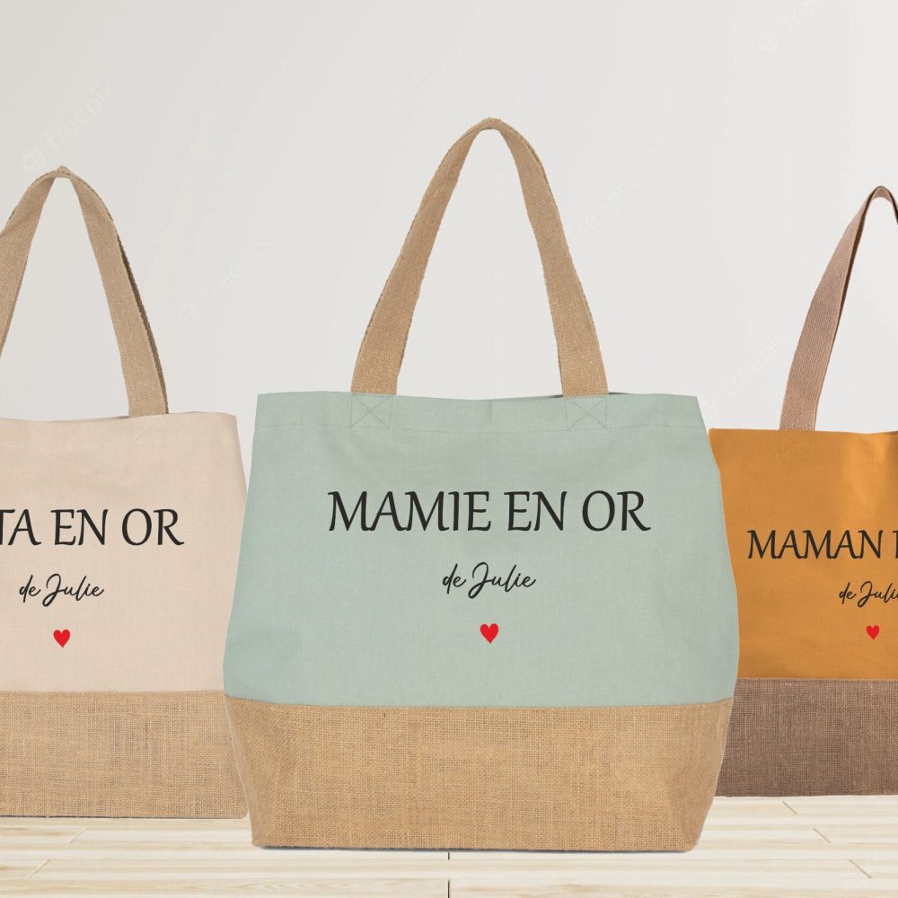 Grand sac cabas en jute à personnaliser, cadeau mamie maman nounou, fête des grands mères, tote-bag personnalisé, fête des mères.