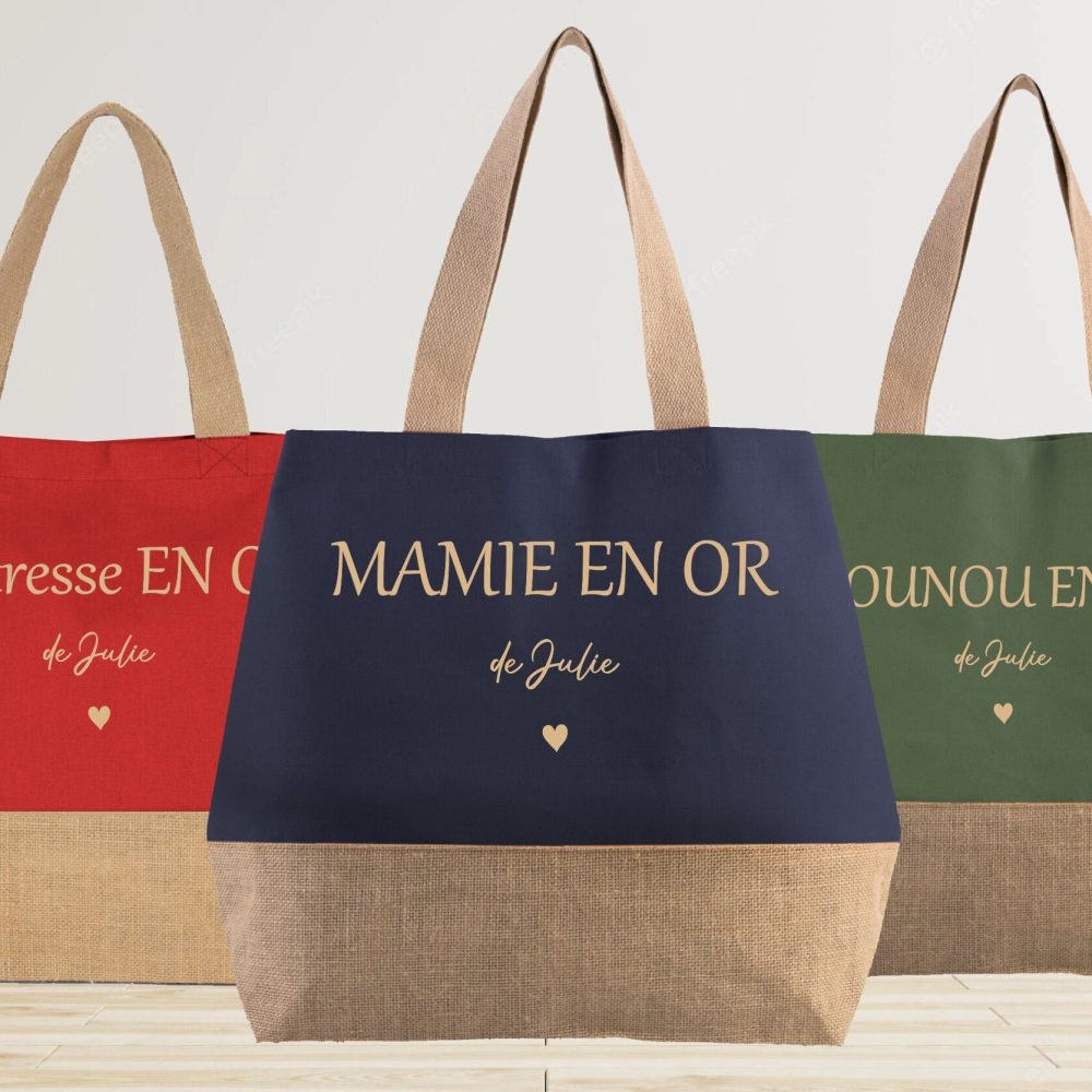 Grand sac cabas en jute à personnaliser, cadeau mamie maman nounou, fête des grands mères, tote-bag personnalisé