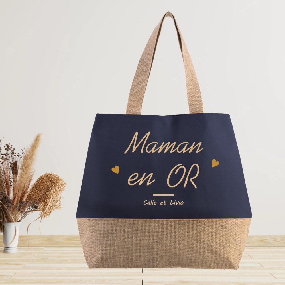 Grand sac cabas en jute à personnaliser Maman / Mamie / Nounou / Maitresse / ASTEM