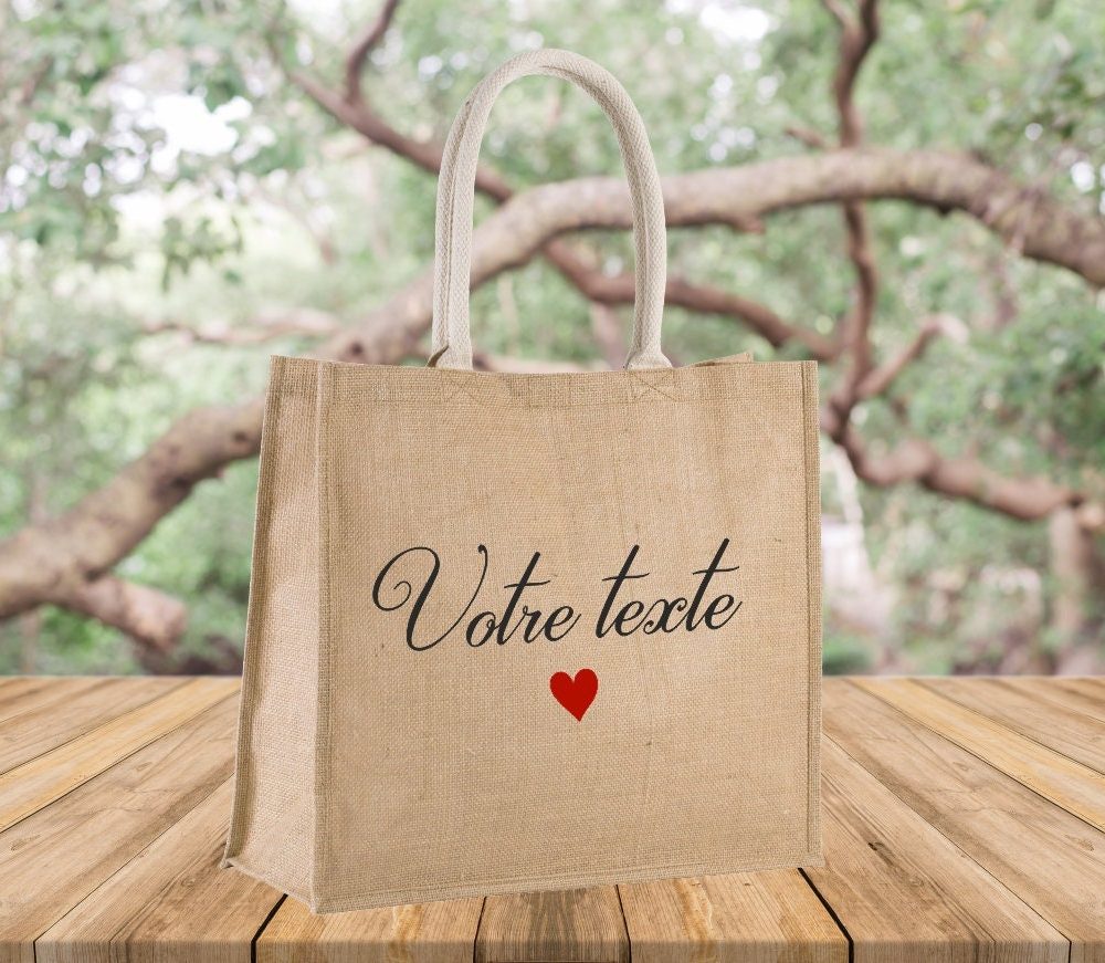 Sac cabas en jute personnalisé Cadeau Maman, Mamie, nounou, maîtresse, collègue. Texte à personnaliser.