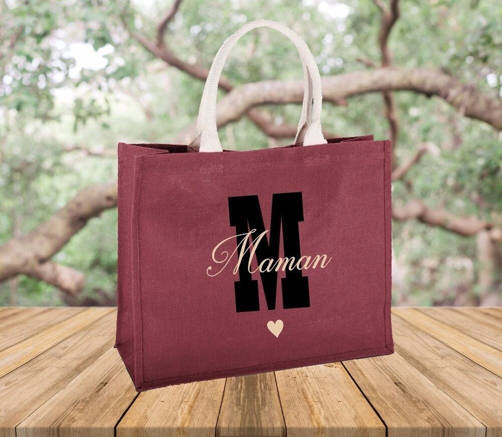 Sac cabas en jute personnalisé Cadeau Maman, Mamie, nounou, maîtresse, collègue. Texte à personnaliser.