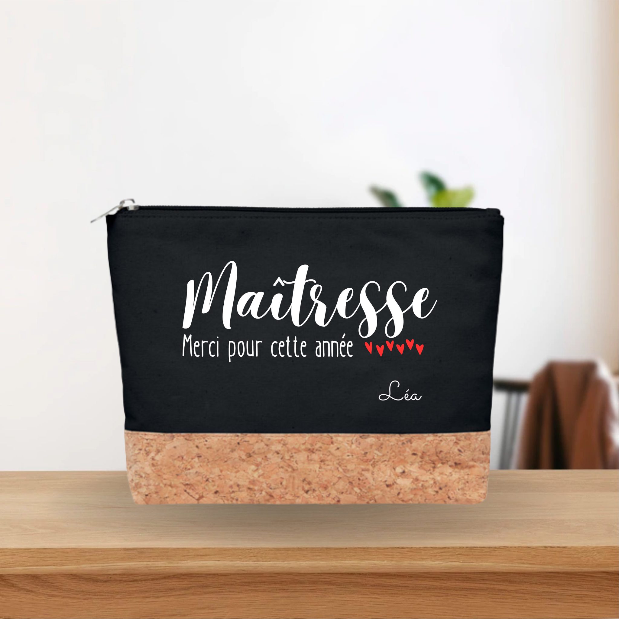Trousse à personnaliser base liège maîtresse, cadeau fin d'année, cadeau école. Pochette personnalisée maîtresse. Cadeau personnalisé — trousse maîtresse