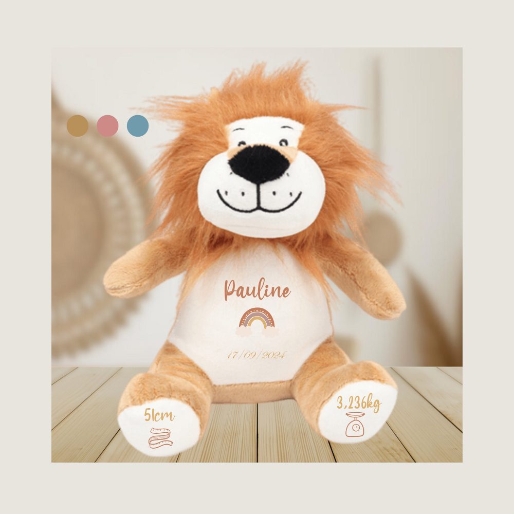 Peluche Lion enfant personnalisé prénom, date, poids & taille - cadeau naissance personnalisé bébé, cadeau bébé nom, doudou bébé souvenir