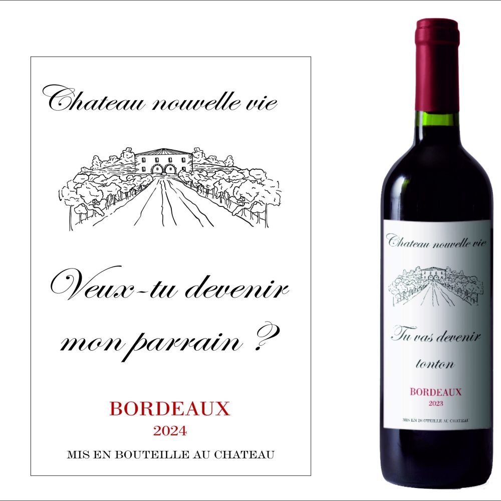Veux-tu devenir mon parrain ? Étiquette pour bouteille de vin annonce grossesse, demande parrain, demande marraine.