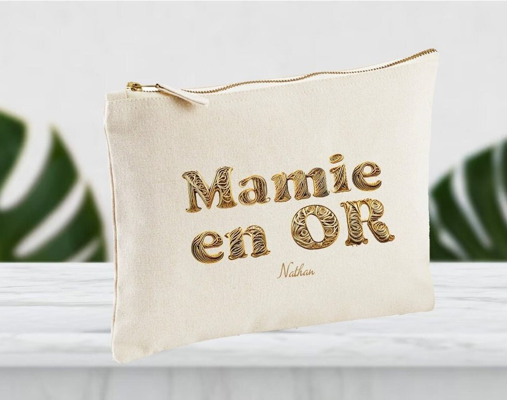 Trousse à personnaliser mamie en or, maman en or, nounou en or, maîtresse en or, tata en or, marraine en or, trousse maquillage, pochette