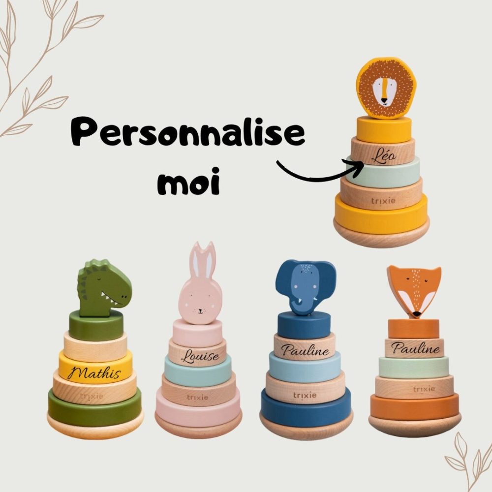 Jouet anneaux à empiler en bois- Lapin, renard, lion, éléphant et dinosaure