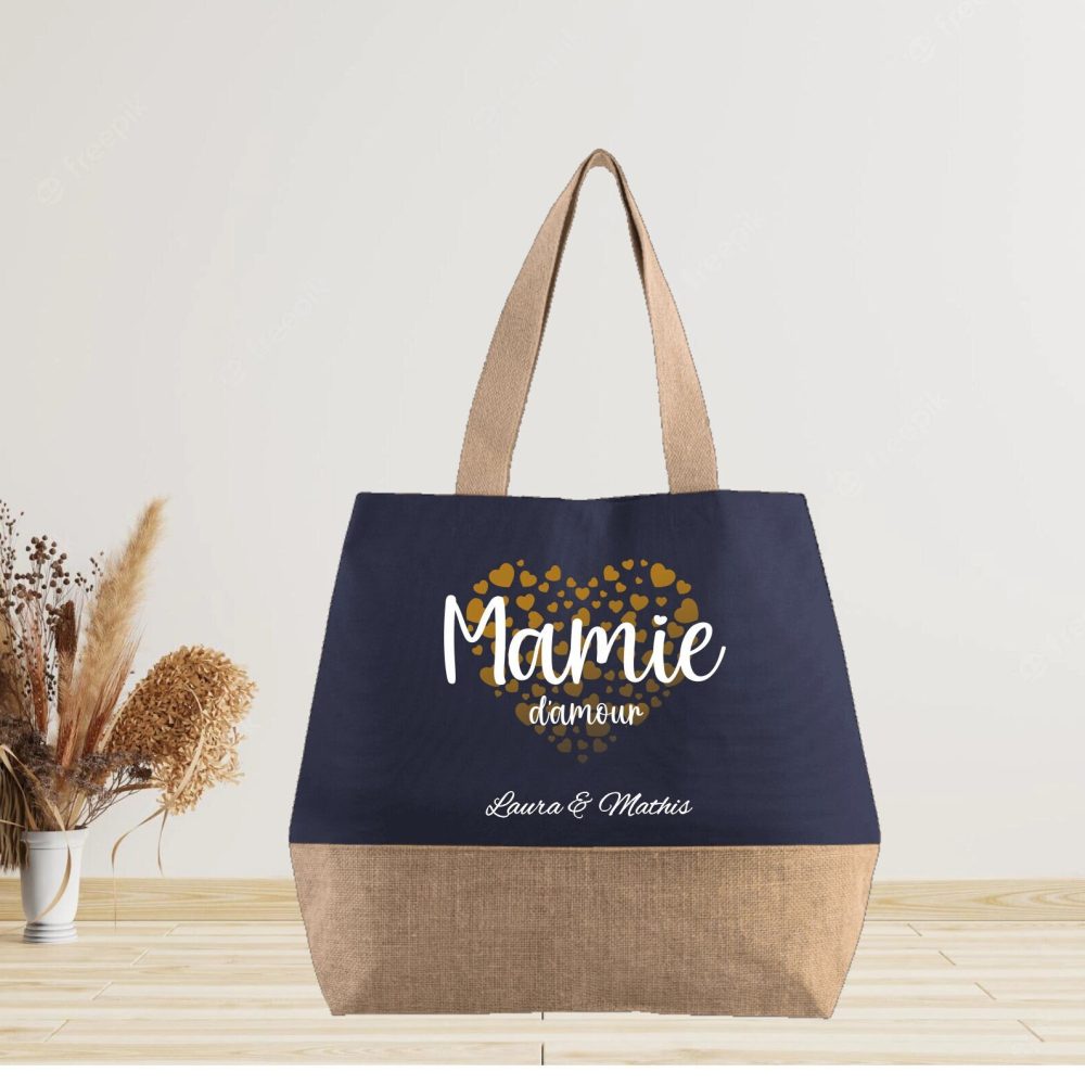 Grand Sac en jute à personnaliser Mamie - anniversaire mamie - Cadeau mamie - fête des grands mères