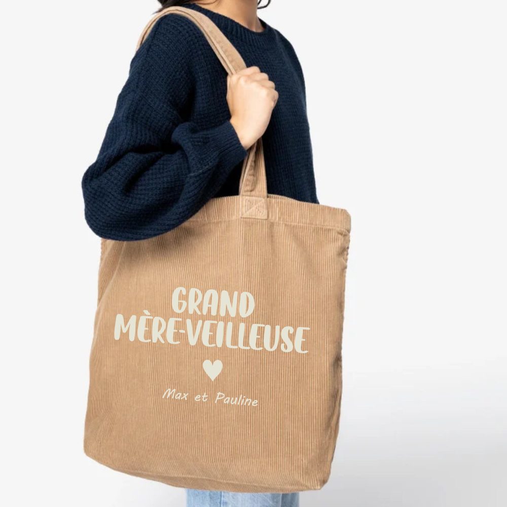 Grand sac en velours côtelé à personnaliser Mamie, fête des grands mères, idée cadeau Noël mamie/maman. Cadeau mamie personnalisé.