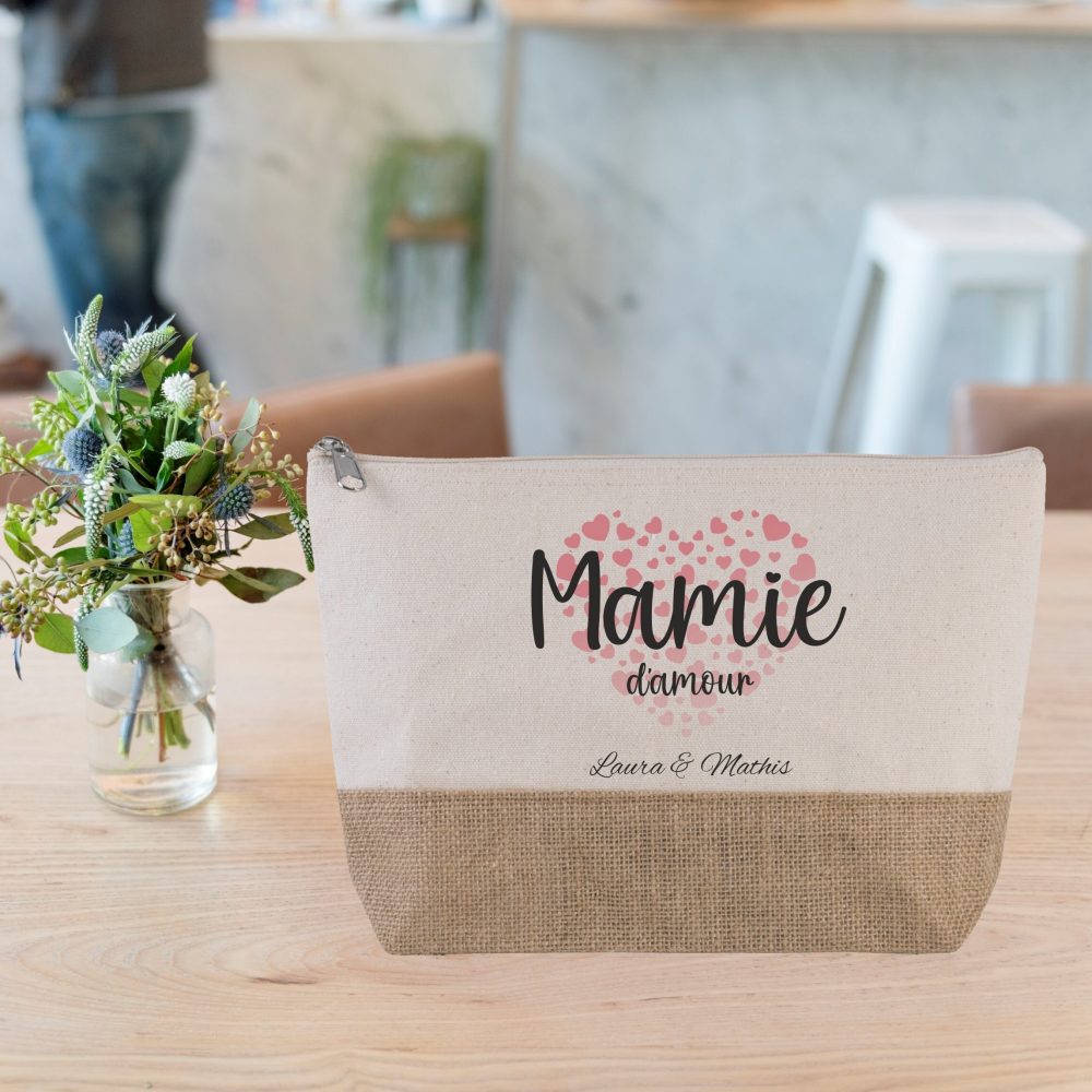 Grande trousse à personnaliser en coton naturel Mamie d'amour - anniversaire mamie - Cadeau mamie - fête des grands mères, idée cadeau mamie