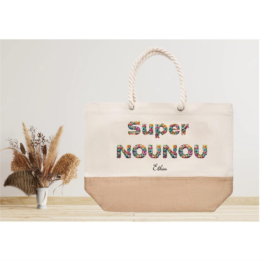 Grand sac cabas à personnaliser pour nounou. Cadeau personnalisé nounou. Idée cadeau nounou. Noël nounou. Fête nounou. Super nounou