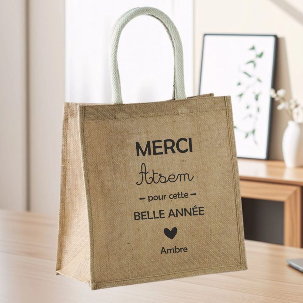 Sac cabas en jute personnalisé Merci Maitresse, Atsem, nounou cadeau personnalisé fin d'année