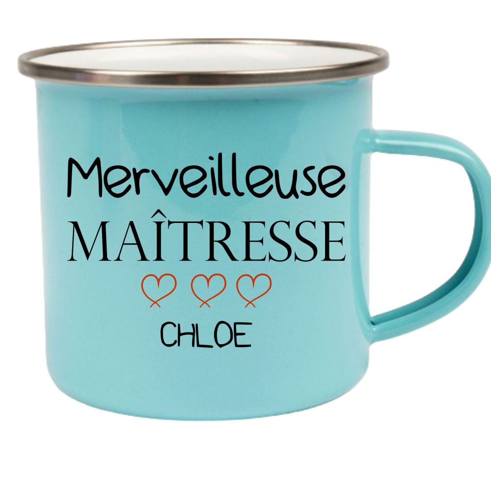 Mug acier émaillé personnalisé. Maitresse cadeau personnalisé. Existe pour maître, nounou, atsem. Tasse personnalisée maîtresse.