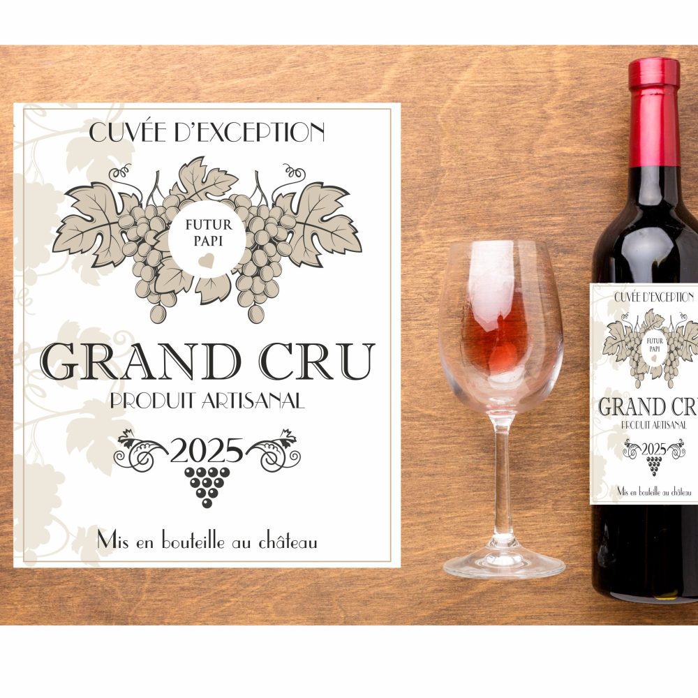 Annonce grossesse Futur papi - Etiquette bouteille de vin grand-père - Existe pour tonton, tata, mamie, grands-parents, papa, parrain.