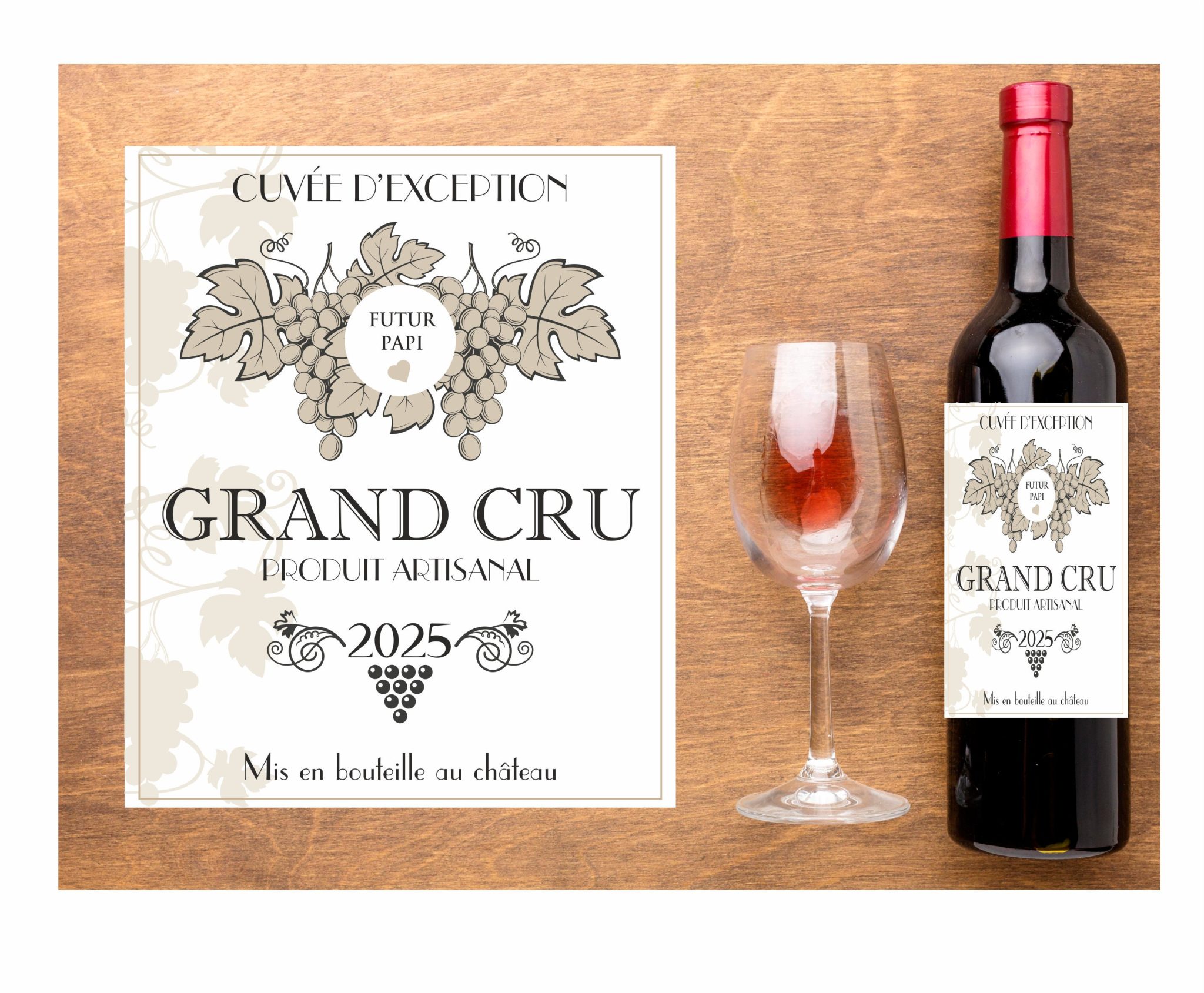 Annonce grossesse Futur papi - Etiquette bouteille de vin grand-père - Existe pour tonton, tata, mamie, grands-parents, papa, parrain.