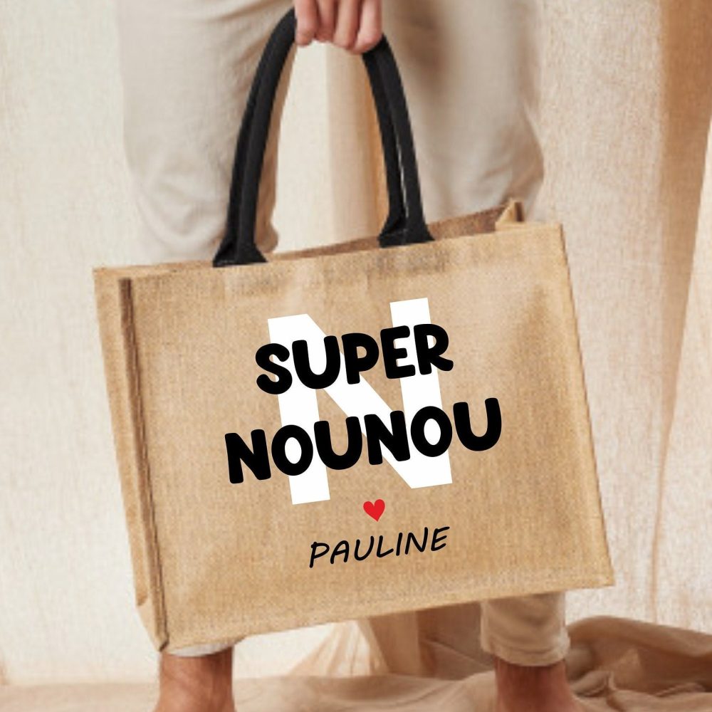 Sac jute personnalisé, Super Nounou - Cadeau personnalisé nounou, Maman Mamie, Maîtresse, sac personnalisé, sac cabas
