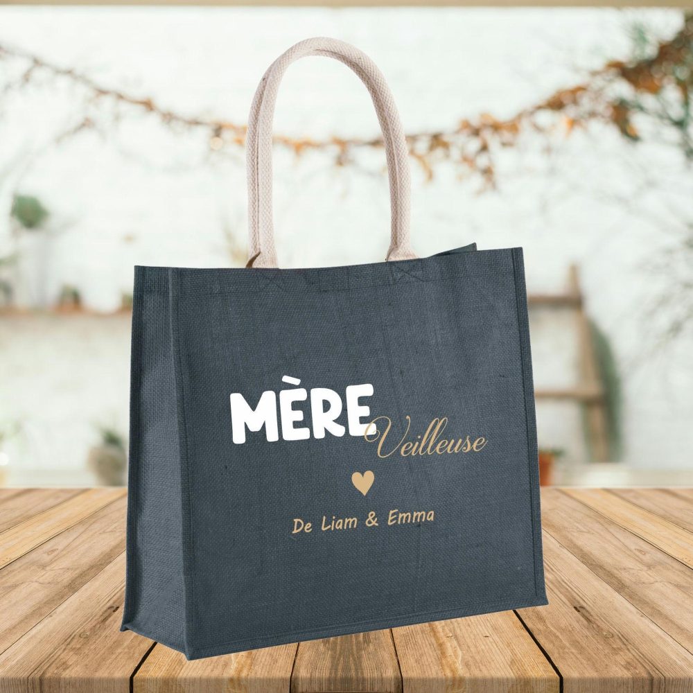 Sac cabas en jute à personnaliser mère veilleuse, Anniversaire maman, fête des mères, idée cadeau maman