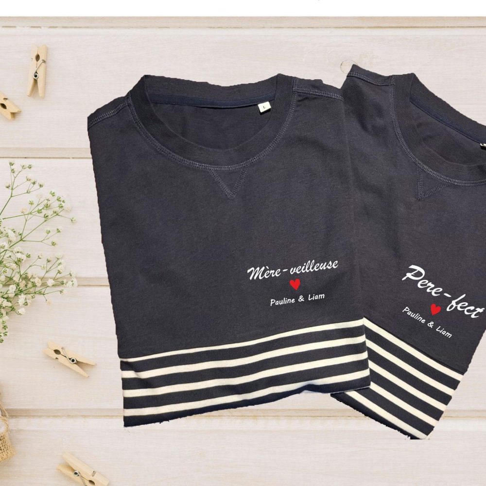 Tee-shirt personnalisé marinière, fête des mères, mère veilleuse, anniversaire maman/papa, fête des pères. Cadeau personnalisé