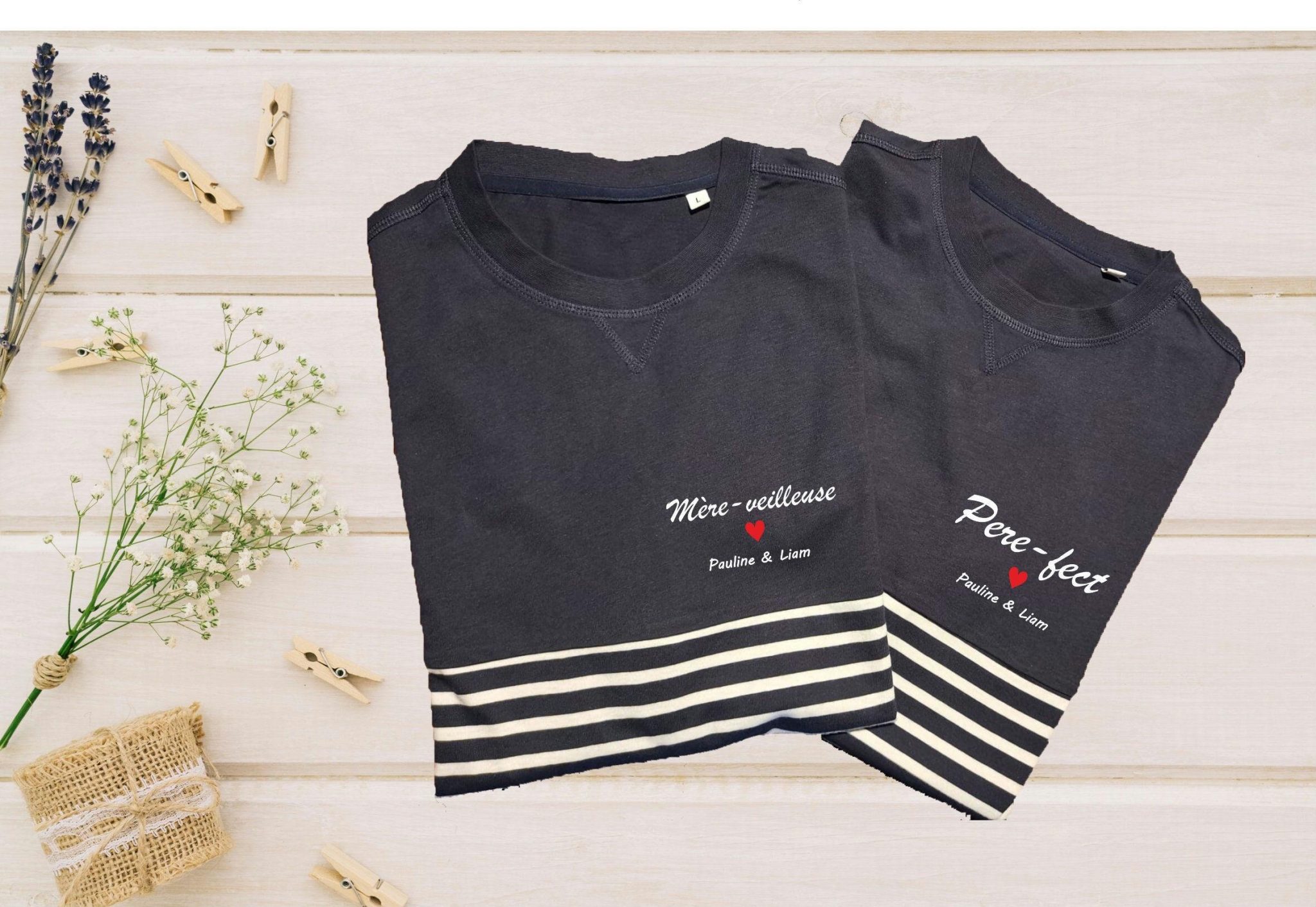 Tee-shirt personnalisé marinière, fête des mères, mère veilleuse, anniversaire maman/papa, fête des pères. Cadeau personnalisé