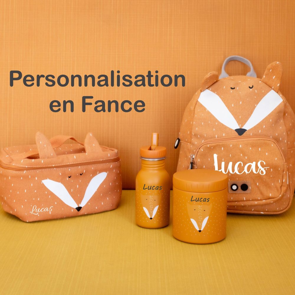 Kit Sac à Dos, gourde 350ml, boite repas et lunch bag Personnalisé Enfant renard - sac école enfant rentrée scolaire, sac prénom, sac A4