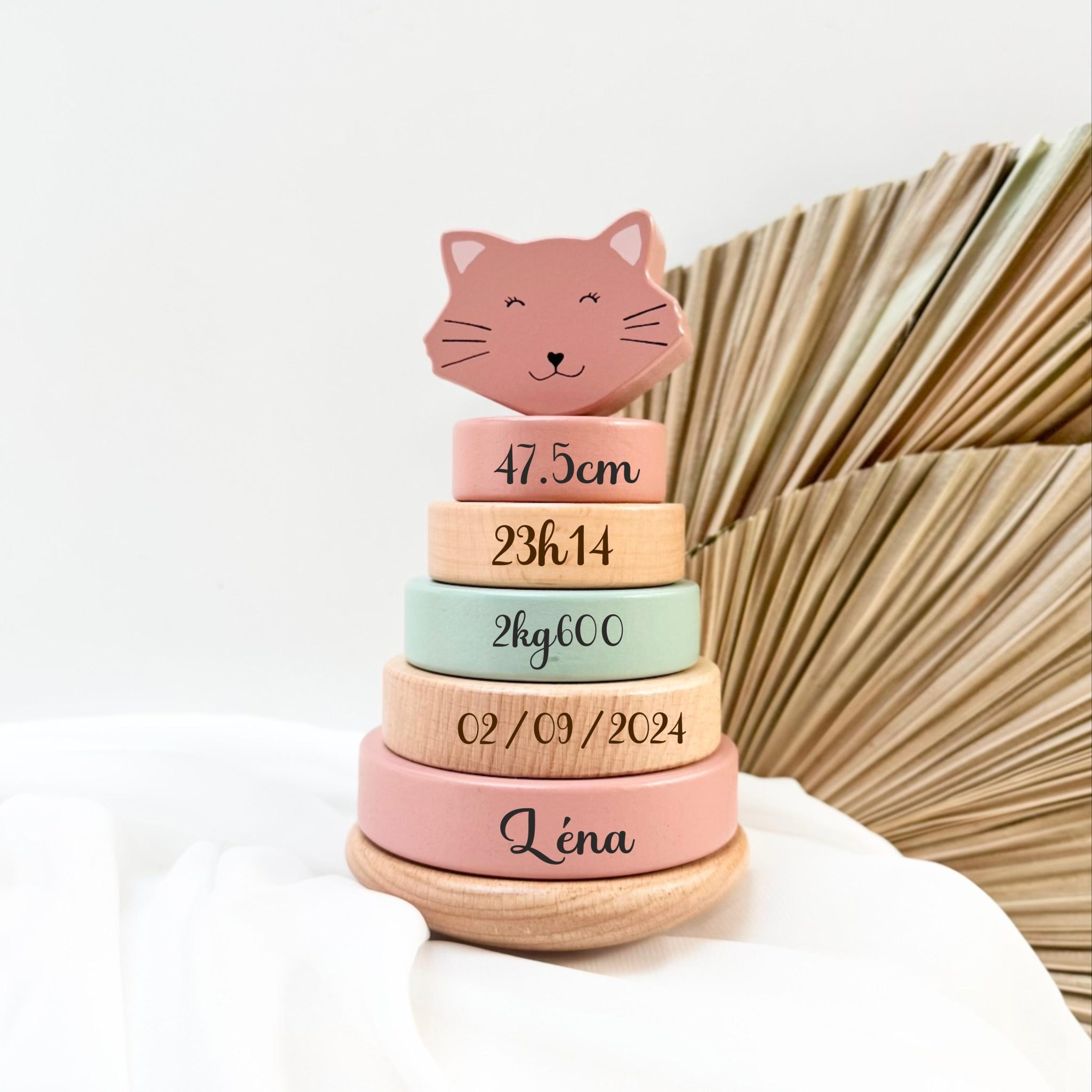 Tour de naissance personnalisée Chat - Cadeau de naissance, cadeaux pour bébé, Tour à empiler, nouveau né cadeau bébé, jouet en bois bébé