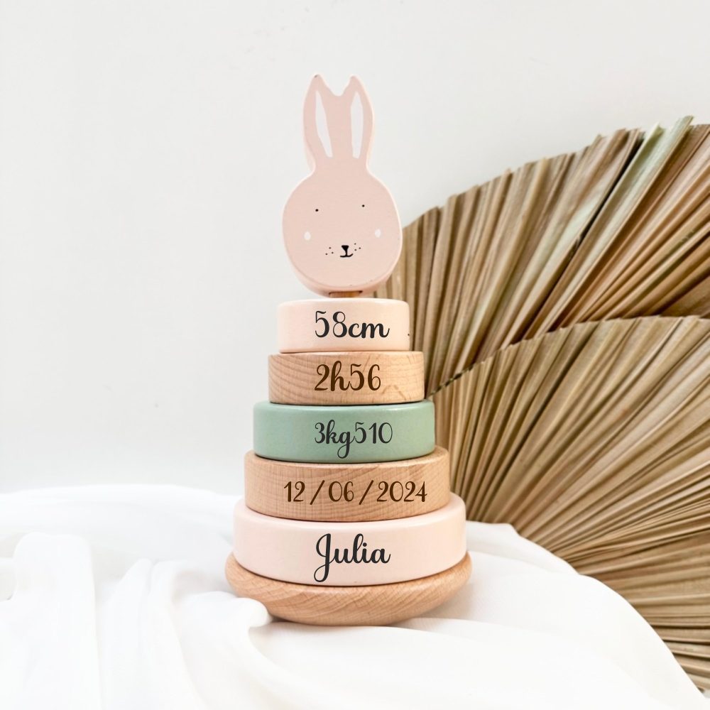 Tour de naissance personnalisée Lapin - Cadeau de naissance, cadeaux pour bébé, Tour à empiler, nouveau né cadeau bébé, jouet en bois bébé